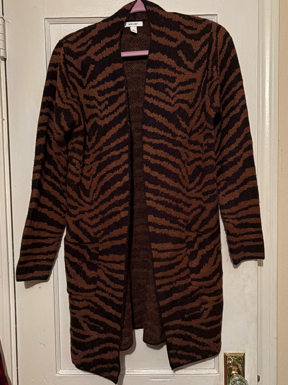 Nine West Brown and Black Zebra-Print Long Open-Front Cardigan